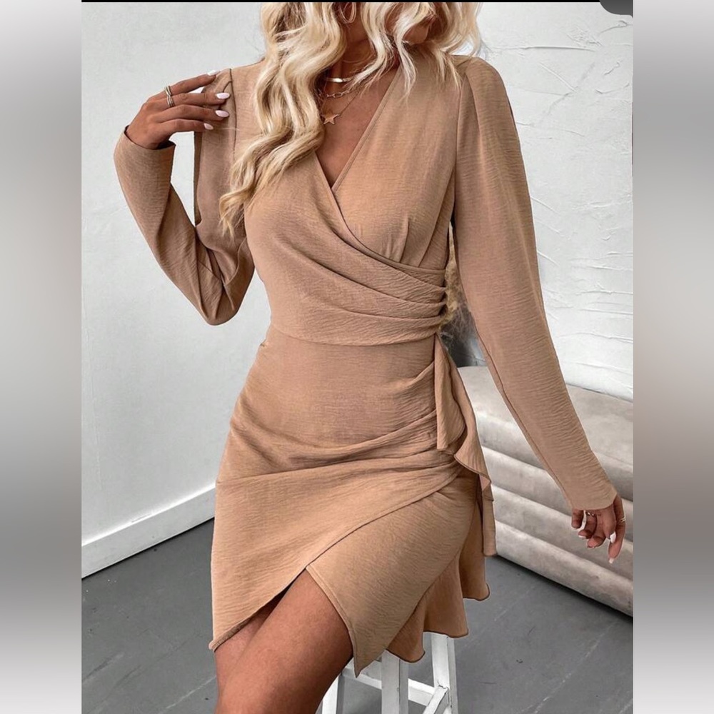 Shein Ruffle tan Dress Medium NWOT